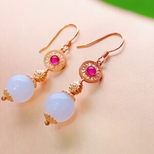 XSP028 Golden Leaf Red Lotus Jade Earrings