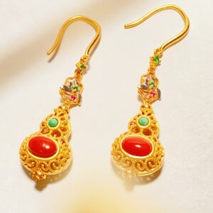 XSP077	Green Leaf Gourd Double-Gem Earrings