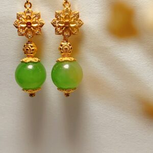 XSP081	Red Lotus Eight Treasures Green Jade Earrings